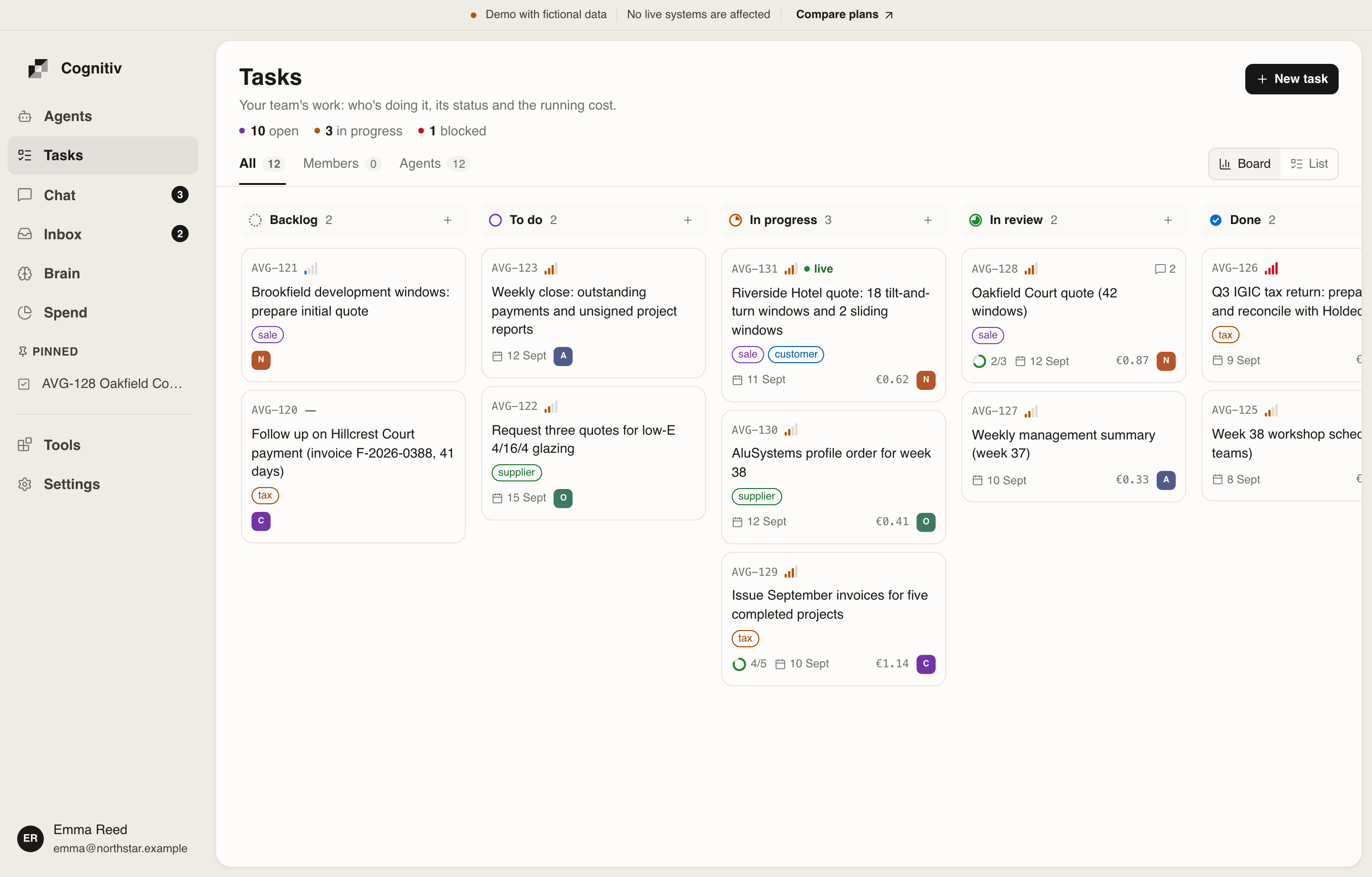 Cognitiv task workspace with agents, owners, statuses, and recurring work